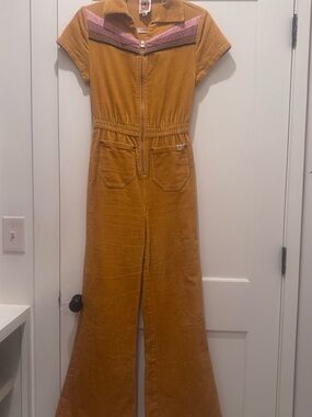 Corduroy Wide-Leg Jumpsuit with Pink Chevron Detail